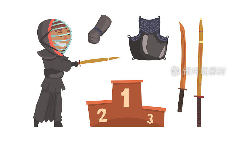 Kendo or Sword Path Attributes as Modern Japanese Martial Art with Bamboo Swords and Equipped Man in Helmet Vector Set